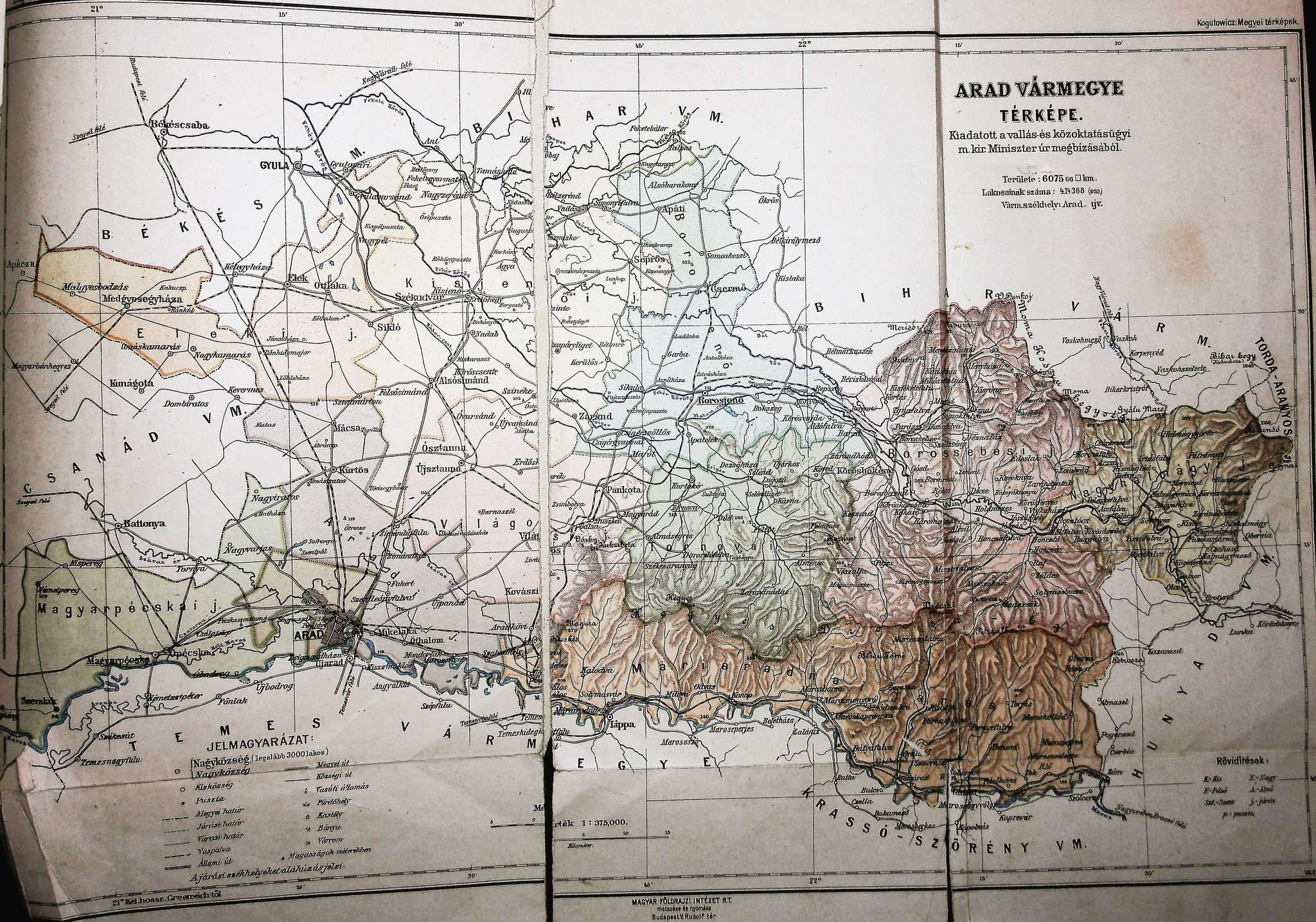 Harta judetului Arad in anul 1910 607566 kmp populatie 414.388 locuitori