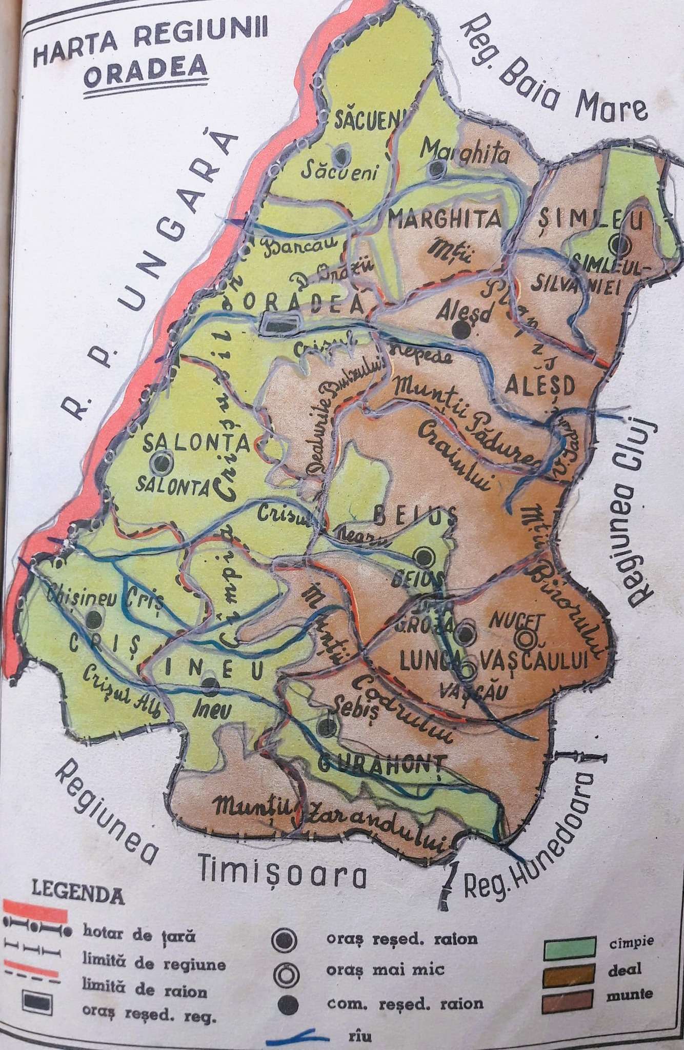 Harta mai recenta a regiunii Crisana, cu raioanele componente - capitala regiunii era la Oradea - in 1963